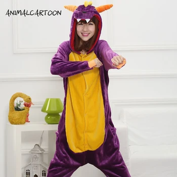

ANIMALCARTOON 2019 Cute Cartoon animals Onesies Purple dragon Autumn and Winter Pajamas for Women adult Long sleeve Pajama sets