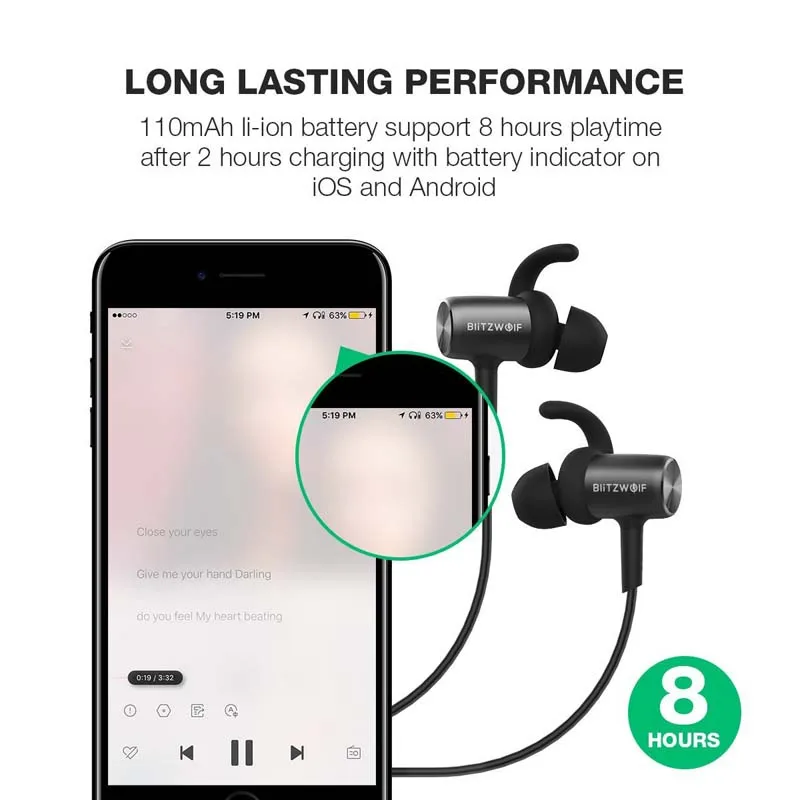 Blitzwolf Спортивные bluetooth наушники с микрофоном IPX4 водонепроницаемые магнитные