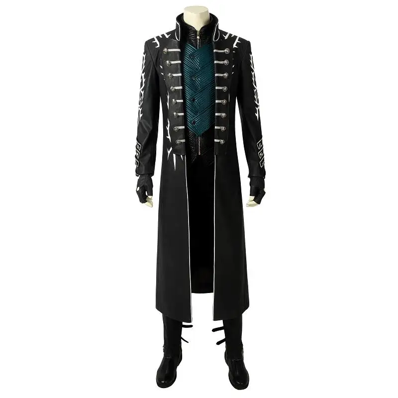 

Game Devil May Cry 5 Costume Vergil Cosplay Leather Jacket Adult Men Halloween Carnival Long Coat Outfit with Shoes Custom Made