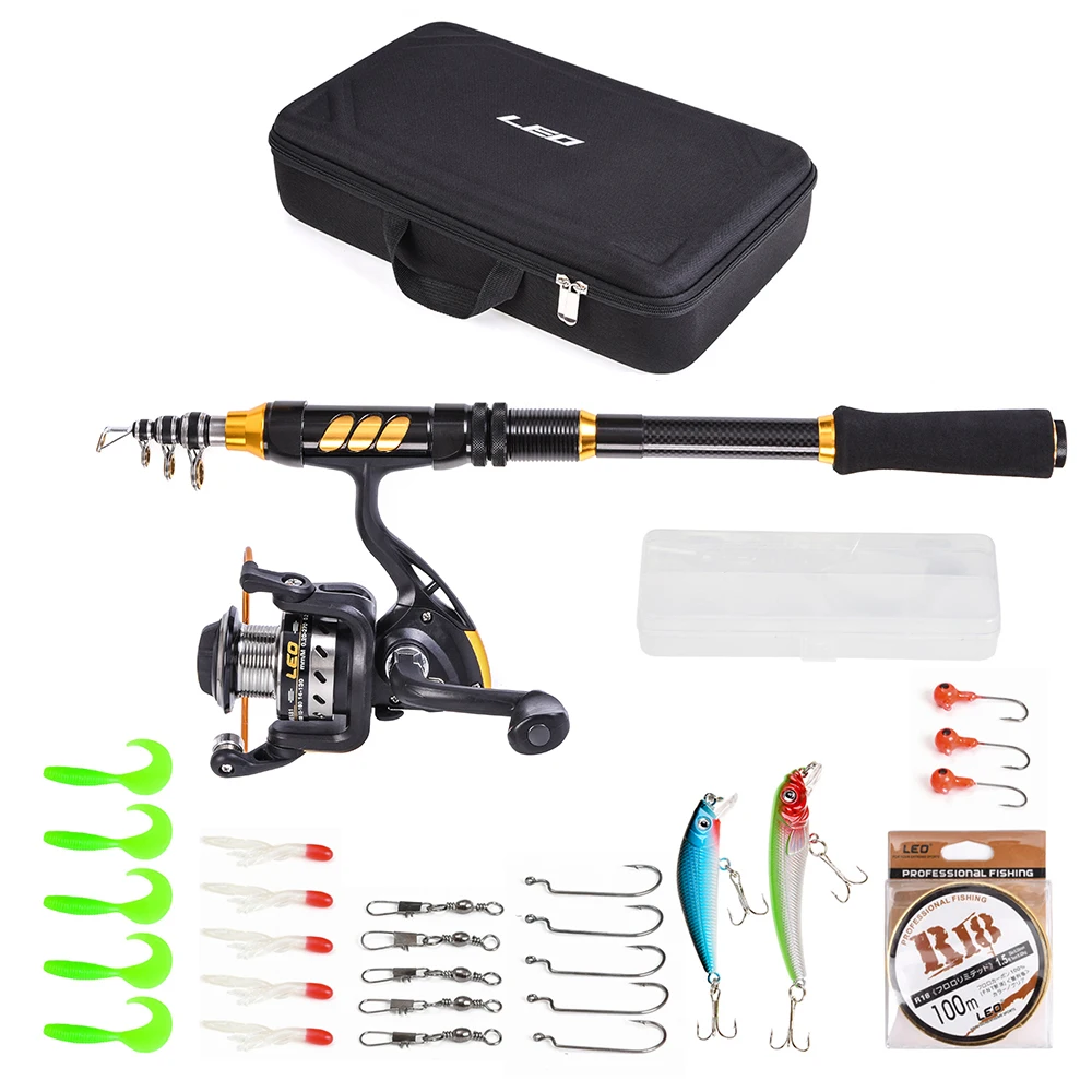

LEO Fishing Telescopic Rod Reel Combo Set Carbon Fiber Rod with Spinning Reel Fishing Line Lures Hooks Travel for pesca