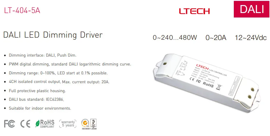 LTECH LT-404-5A DALI светодиодный затемняющий драйвер, DC12-24V вход; 5A * 4CH Max 20A выход; DALI/кнопочный сигнал вход480W