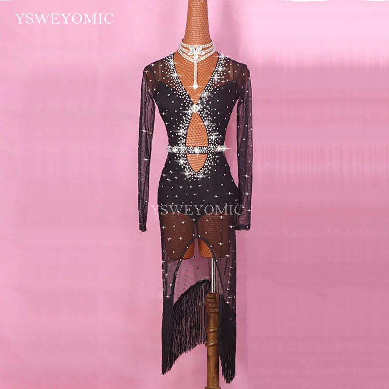 Red Black Shiny Rhinestones Latin Dance Performance Female Clothing Competition Suit Dress for Women | Тематическая одежда и