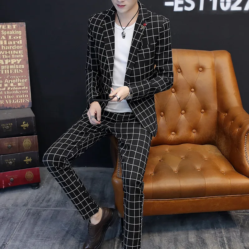 

Men Clothing Men's Casual Small Suit Jacket Lattice Korean Slim Youth Plaid Suit Spring and Autumn New Men's Suits Three-piece