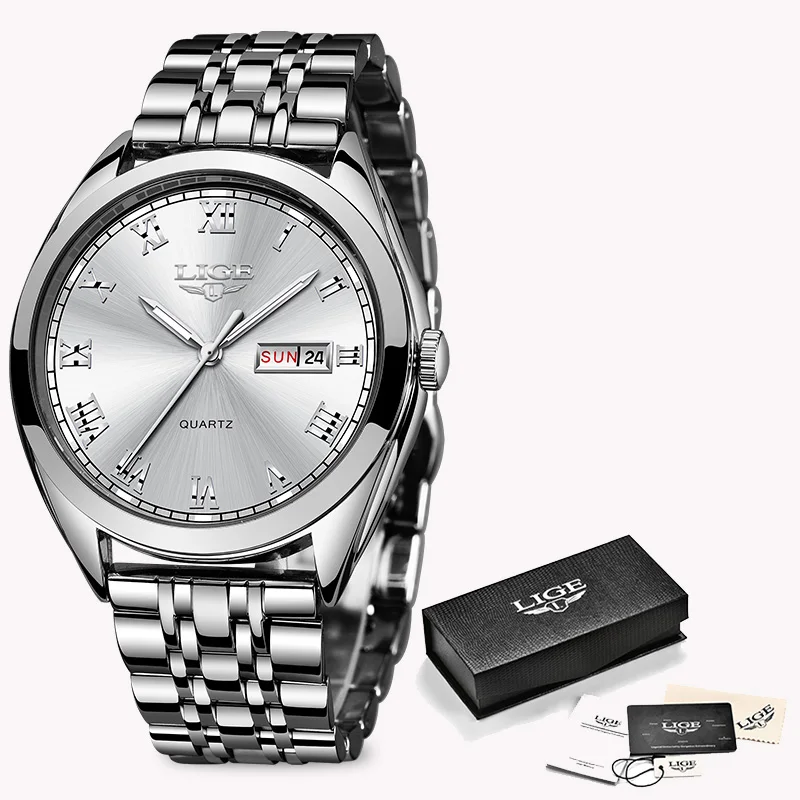 Relogio Masculino LIGE часы для мужчин Лидирующий бренд модные автоматические мужские часы из нержавеющей стали водонепроницаемые деловые мужские наручные часы - Цвет: Silver white S