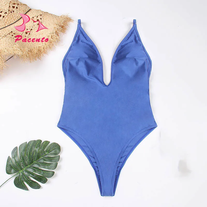 

Pacento 2018 Sexy Shiny Swimsuit One Piece Blue Swimwear Women V Neck Backless Bodysuit with Pad High Leg Bikini Biquini female