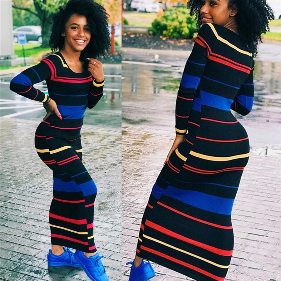 BAIBAZIN New Autumn African Woman Dress Digital Print Long Sleeve Tricolor Striped Dress