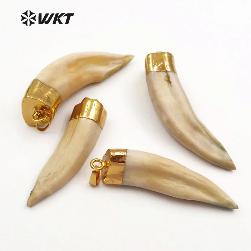 

WT-P241 WKT Wholesale original wolf tooth pendants with gold color cap , amazing raw wolf teeth bone pendants for jewelry making