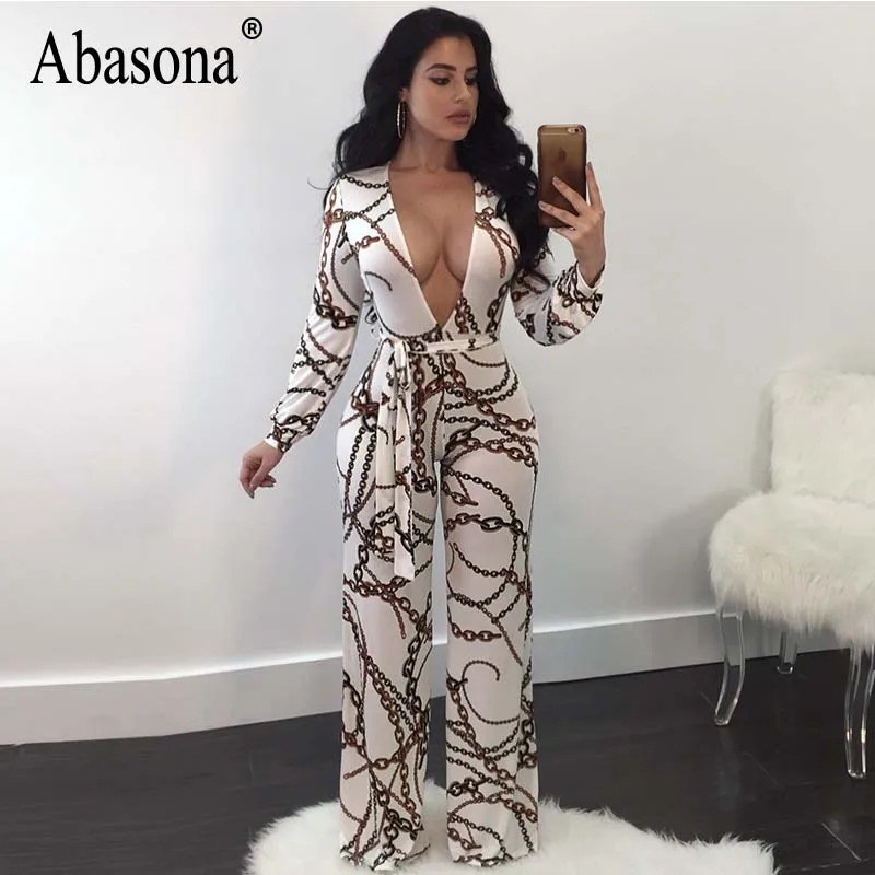 Absaona Women Rompers Jumpsuits Chain Printed Vintage Wide Leg Jumpsuit Bow Sashes Women Overalls Long Sleeve Party Club Pants