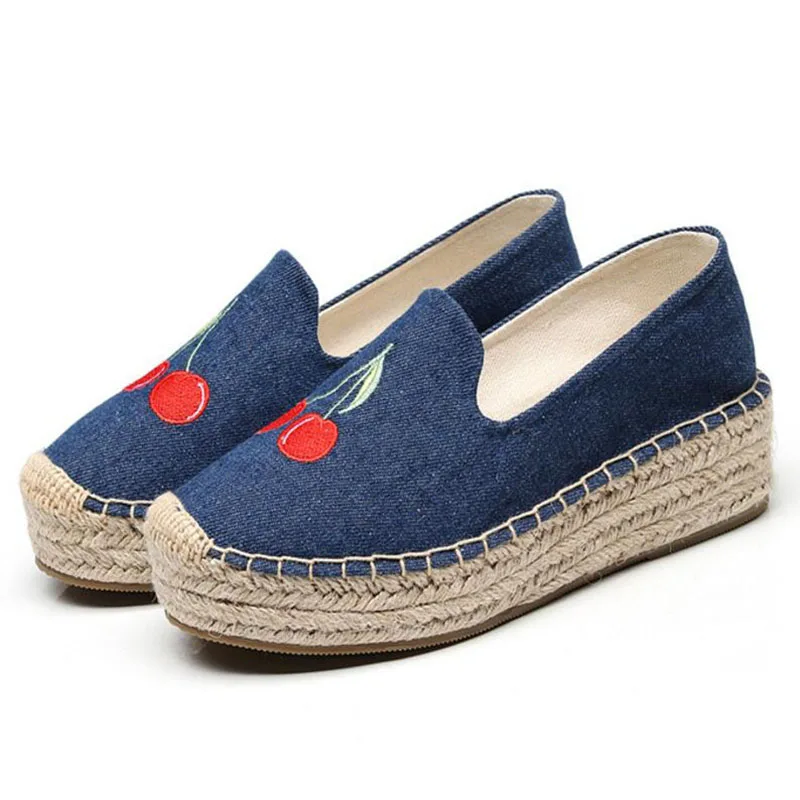 

Embroider Women Loafers Casual Slip on Shoes Woman Espadrilles Hemp Canvas Beach Flat Platform Shoes chaussure femme