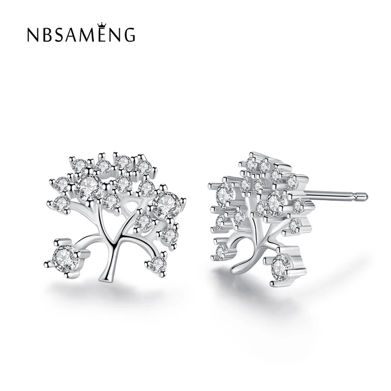 

New Fashion Design 100% 925 Sterling Silver Cute Tree Flower Shape Tiny CZ Stud Earrings White Color Crystal Wholesale Jewelry