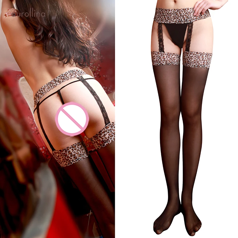 

Leopard Prints Stocking Lingerie Thigh High Lace Top Stay Ups Women Stockings Crotchless Leopard Garter Mesh Black Tights Erotic