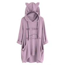 Женская Повседневная Толстовка с принтом кошки, Kawaii, толстовка с капюшоном с кошачьими ушками, блузка с карманами, топ с лентами, пуловер, Sudadera Mujer