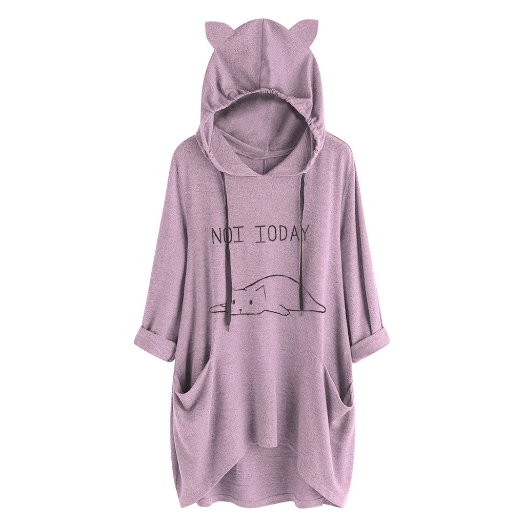 

Women Casual Lying Cat Printed Sweatshirt Kawaii Cat Ear Hoody Hoodies Blouse With Pockets Ribbon Top Pullover Sudadera Mujer