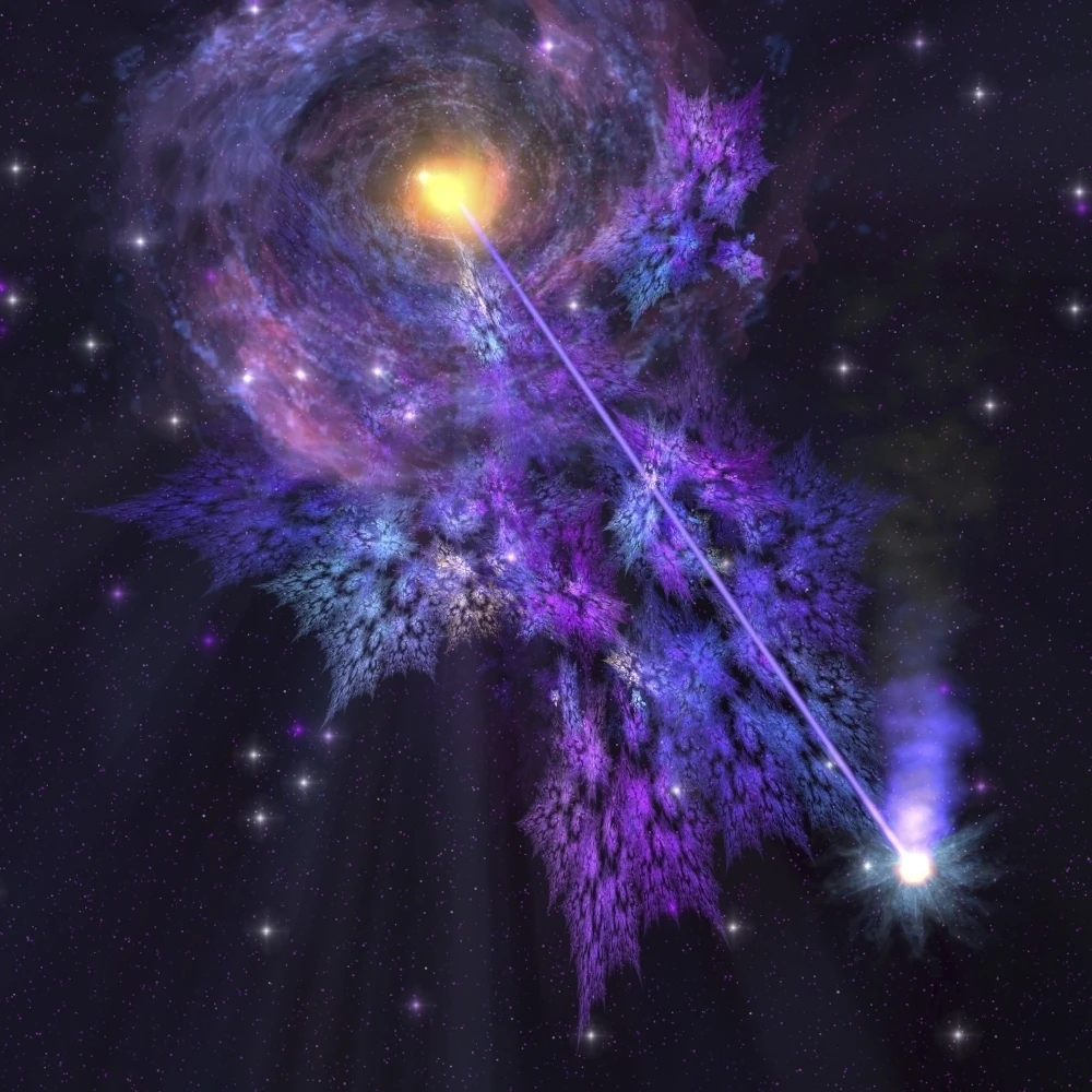 A shooting star radiates out from a black hole in the center of a galaxy Poster Print (14 x 14)
