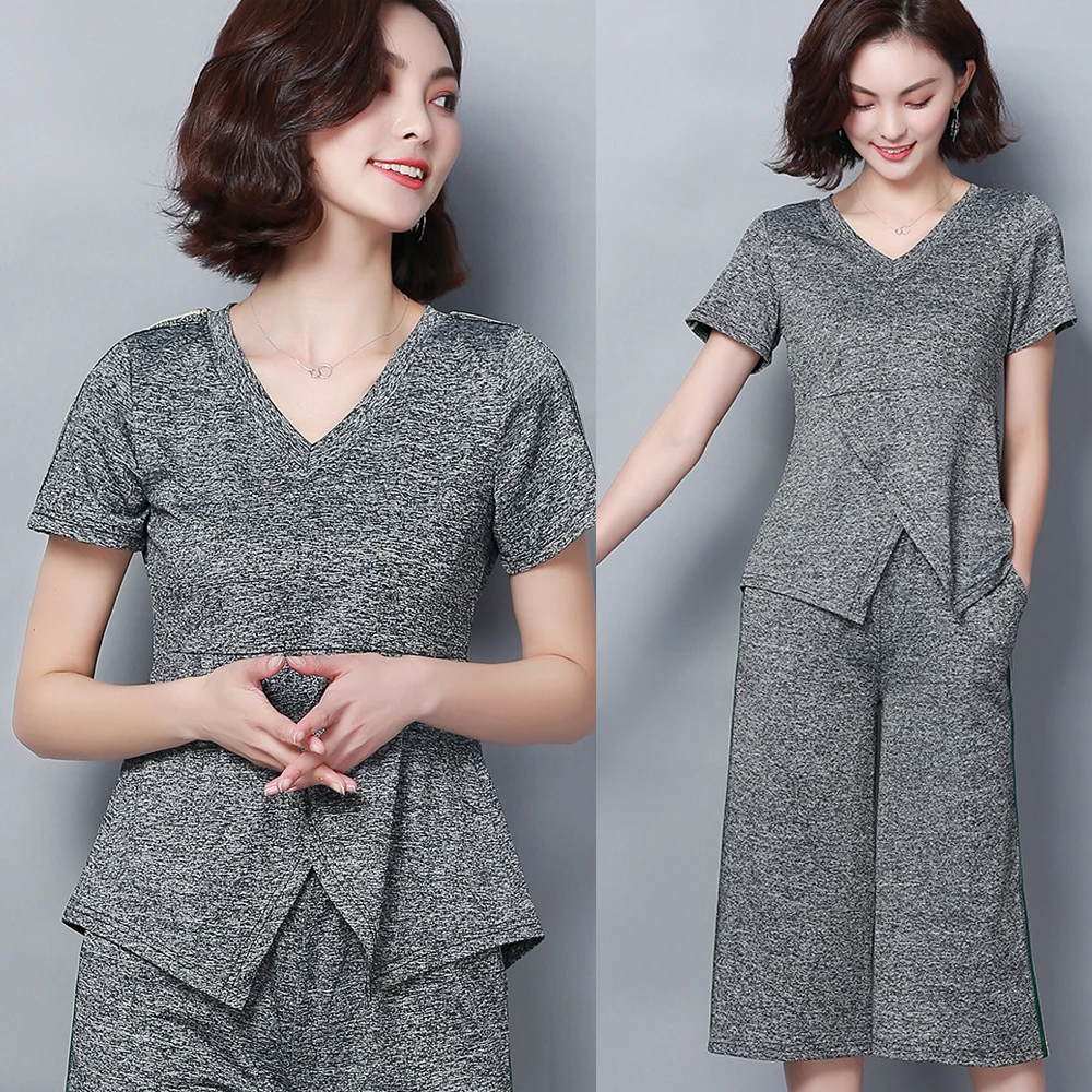 

Summer new style Short-sleeved top + wide-leg pants temperament loose two-piece suit Stylish and elegant V-neck suit