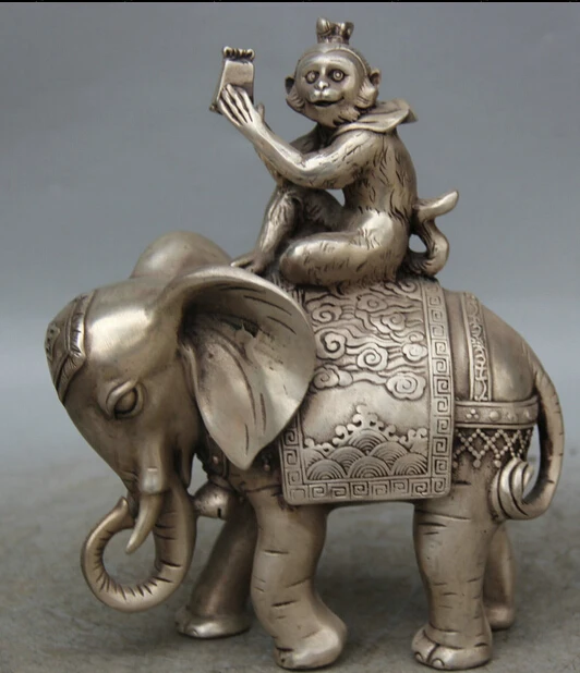 

JP S0524 8" Chinese Miao Silver Zodiac Year Monkey Seat Auspicious elephant Gift Statue