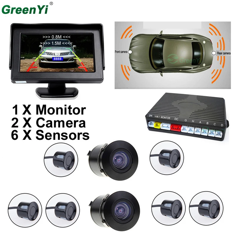 

3 in 1 Car Video Parktronic Parking Assist System, 4.3 Desktop Car Monitor + 6 Sensors Parking Sensor + 1 Rear&Front View Camera