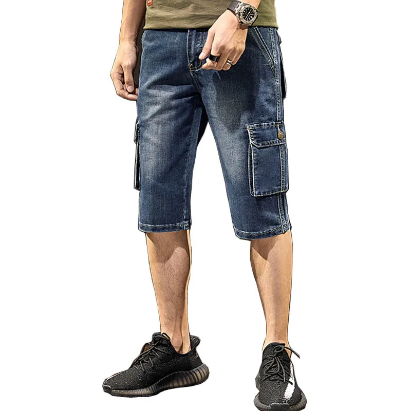 

Mcikkny New Men's Denim Cargo Shorts Multi pockets Fashion Slim Streetwear Short Jeans For Male Blue Size 28-38