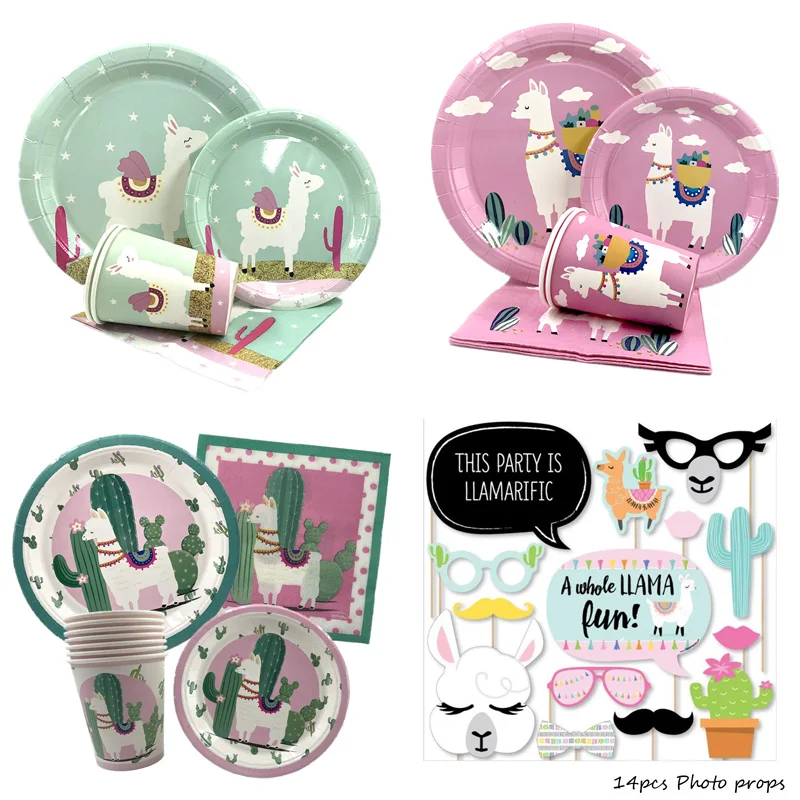 

Omilut Alpaca Cactus Birthday Party Disposable Tableware Set Cartoon Alpaca Cake topper Decor Baby Shower 1th Birthday Supplies
