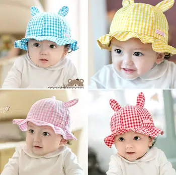 

2018 Infant Newborn Baby Girls Kid Rabbit Ears Princess Outdoor Summer Sun Grid Cute Hat Cap Plaid Cotton Able 6-18M Hats