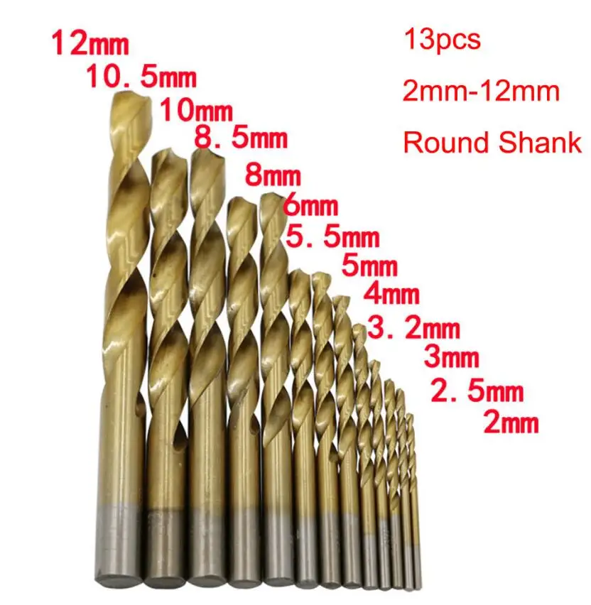 2-12mm RoundShank 13 шт./компл. Высокое качество Мини спиральное сверло из быстрорежущей стали с Титан сверла, покрытые нитями высокоскоростного Набор бит, дерево, металл, Пластик инструменты 1,5-6,5 мм маленьких детей в возрасте от 2 до 12 мм - Цвет: 2-12mm RoundShank