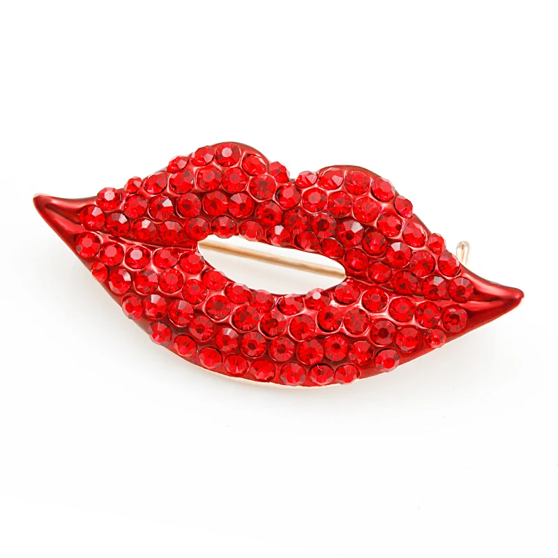 

High Quality Red & Blue Crystal Rhinestones Paved Lips and Lipstick Brooch Pins for Lady or Girls
