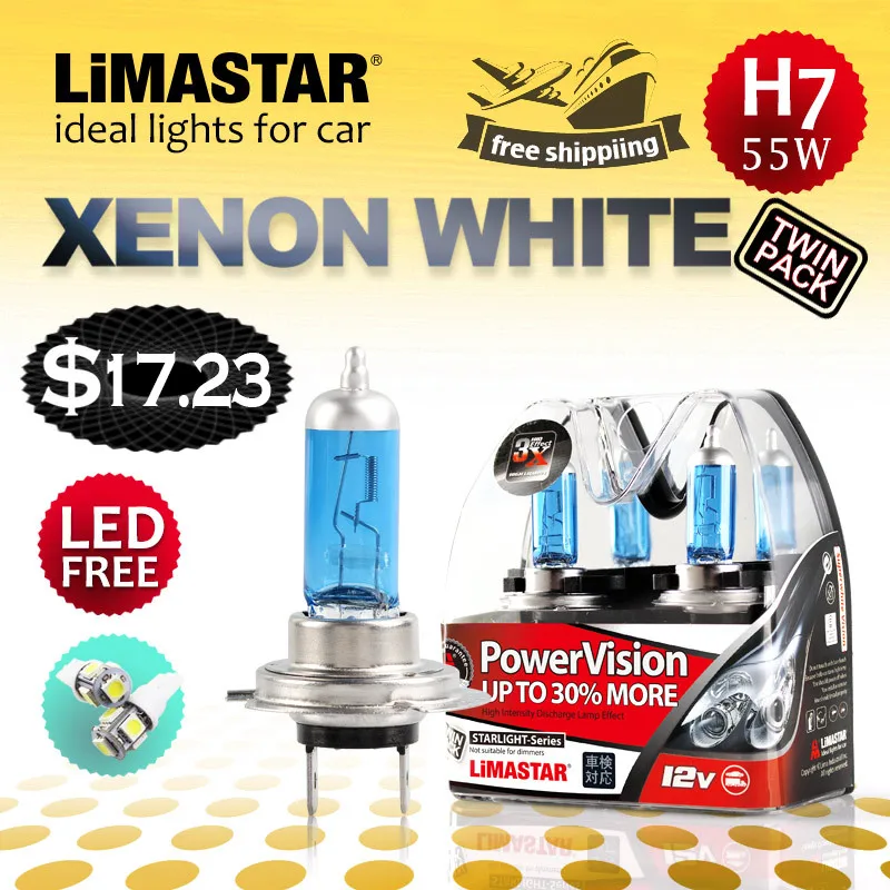 

2PCS LIMASTARXenon H7 55W 12V Lamp Halogen Bulb Super White Car Headlight Lamp 5500K +free 2pcs t10 white 5smd led