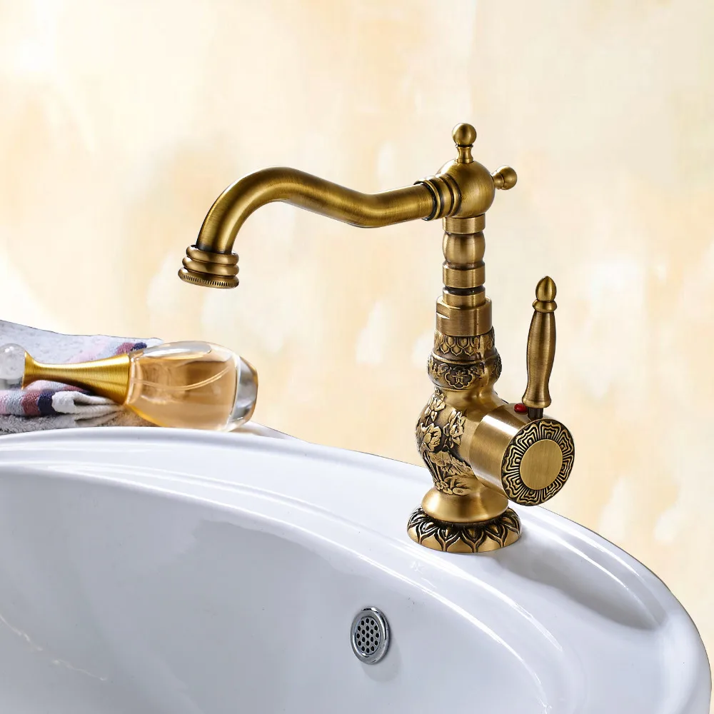 Antique Brass Deck Mount Bathroom Kitchen Faucet Single Handle 360 Rotate Basin Hot And Cold Water Tap ZD1210