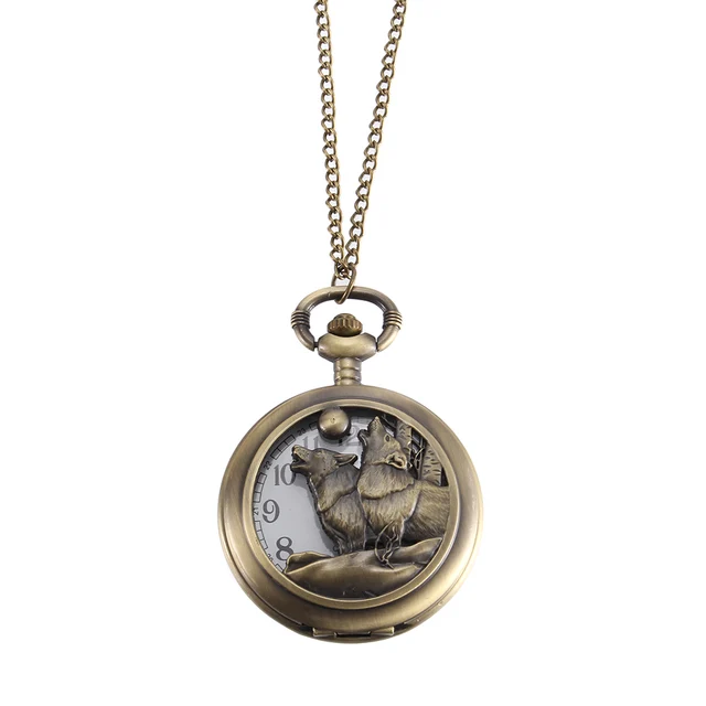 Vintage Pocket Watch Bronze Color Quartz Watch Cool Chain Hollow Wolf Cover Watc Vintage Pocket Watch Bronze Color Quartz Watch Cool Chain Hollow Wolf Cover Watc