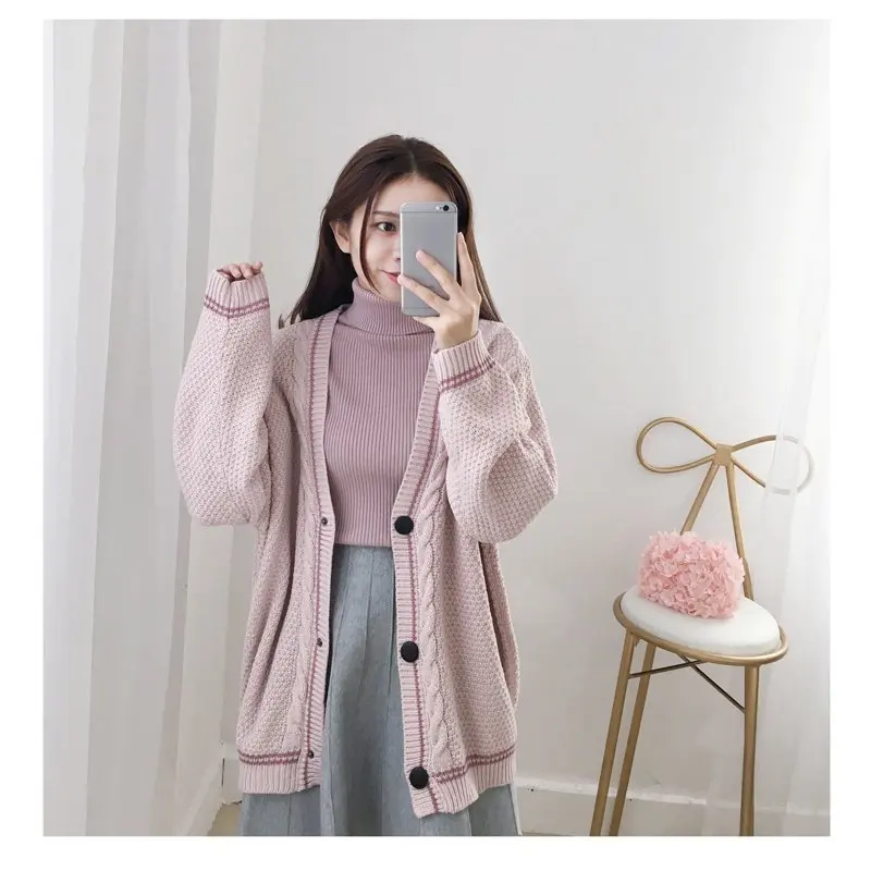 New Long Sleeve Cardigans Female Sweater Autumn Knitting Sweater 3 Button Cardigans V Neck White Cardigan Jacket