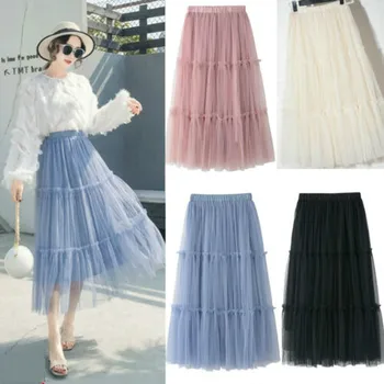 

New Sweet Cake Layered Long Mesh Skirts Princess High Waist Ruffled Vintage Tiered Tulle Pleated Skirts 2019 Hot
