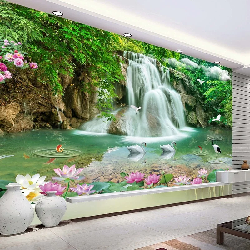 

Custom Photo Mural Wallpaper HD Waterfall River White Swan Green Tree Nature Pastoral Landscape 3D Mural Wallpaper For Walls 3 D