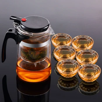 

7Pcs Set Heat Resistant Glass Kung Fu Tea Set Elegant Cup Double Wall Teacup Flower Tea Convenient Teapot Infuser Coffee Kettle