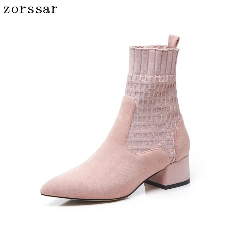 

{Zorssar} Fashion Ankle Elastic Sock Boots Chunky High Heels Women Ankle Boots spring Autumn Booties Pointed Toe Women Pumps