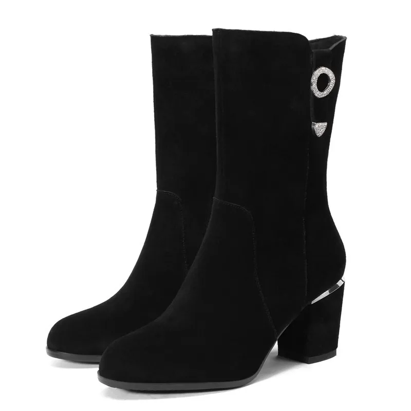 Size34 39 Punta Moda Zapatos Gruesos Tacón Cr1133 Black Causal Mujeres Cremallera Alto Enmayer Mediados Mujer Botas Tacones De Ternero wXOx40I6q