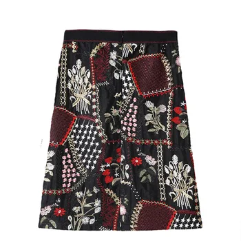 

flower embroidery women skirts elegant vintage slim black office lady elegant high waist mesh mini skirts top quality