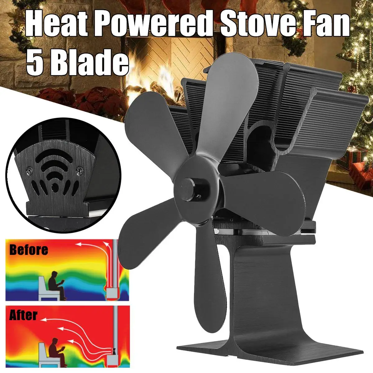 

New 5 Blade Black Heat Self-Powered Stove Fan Wood Log Quiet Burner Fireplace Eco Friendly Fan Home Efficient Heat Distribution