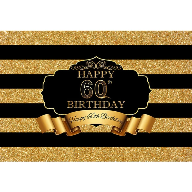 Black and Gold Striped 60th Birthday Backdrop Printed Customized Text ...
