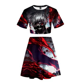 

Tokyo Ghoul Women's Summer Spring 3D Casual Loose Sports Girl Short Sleeve Top Mini Skirt Set Cotton Sexy T-Shirt Skirt Set