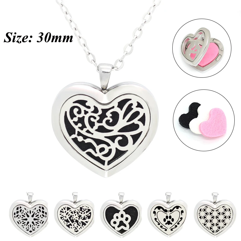 

New arrival! 30mm heart shape perfume locket pendant 316l stainless steel magnetic essential oil diffuser locket necklace