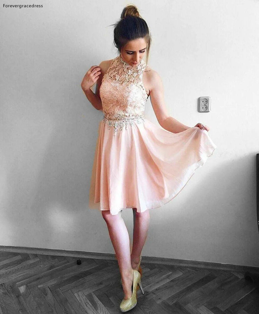 Lovely Blush Pink Homecoming Dresses A Line Halter Neck Lace Top Chiffon Mini Short Cocktail Dress Party Gowns Graduation Dress  89 (1)
