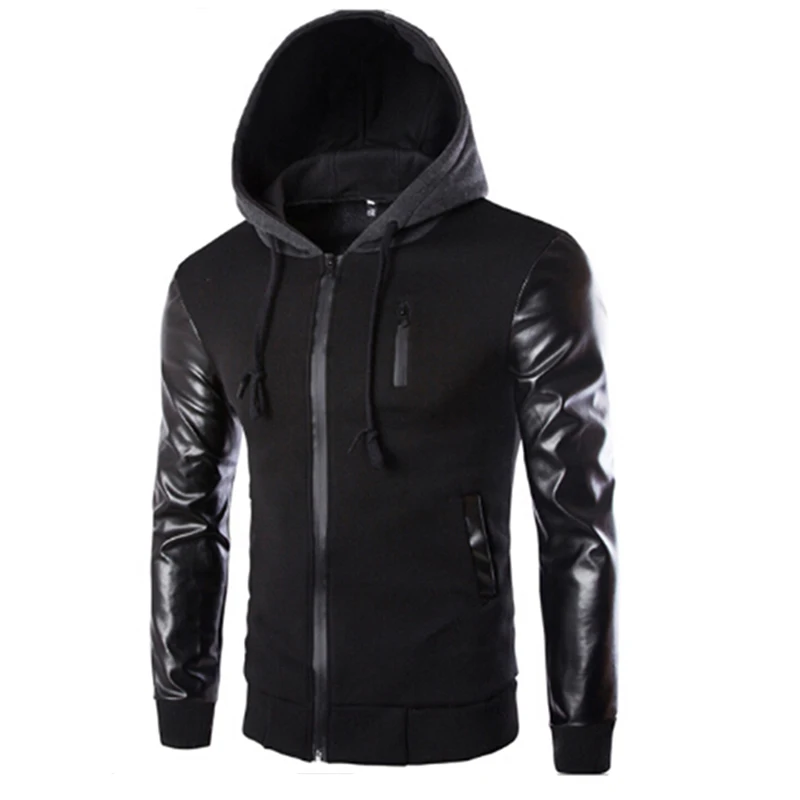 

High Quality Men Hooded Jacket And Coat Autumn Casual PU Leather Sleeve Slim Outerwear Coat Men Zipper Coat Hoody Sportswear
