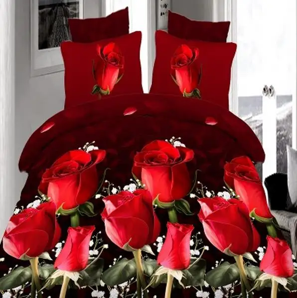 

2017 Sheet bedding bag 3d bedding set 4pcs pillowcase red rose reactive printing sheet set flowers bedclothes king size black