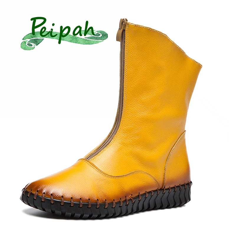 

PEIPAH Women's Autumn Boots Genuine Leather High Boots For Woman Zipper Fashion Mid-Calf Boots Winter Shoes Female Flat Shoes