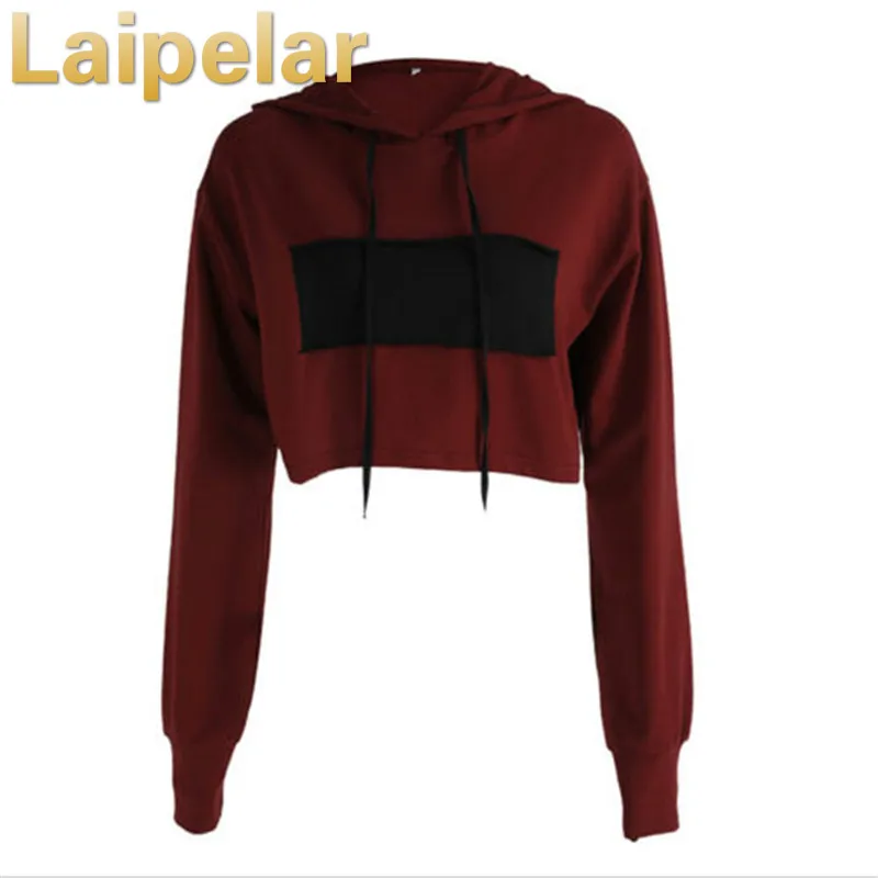 

2019 Autumn Women Casual Loose Hoodies Long Sleeve Crop Top O Neck Sexy Sweatshirt Wine Red and Black Patchwork Pullovers