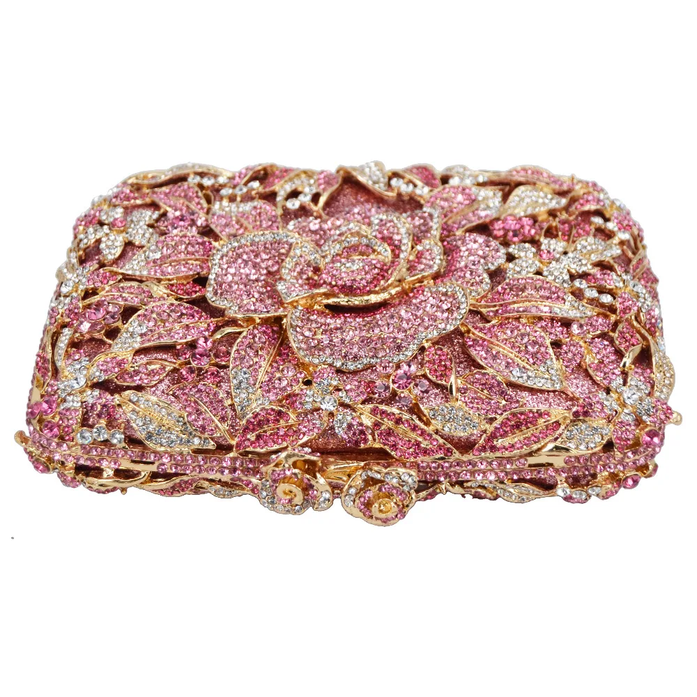 KHNMEET Pink Flower Party Clutch Evening Bags rhinestone Pink Luxury Wedding Crystal Bags Shoulder SC780