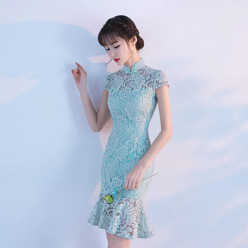 Традиционные китайское платье Qipao женские вечерние платья Винтаж Cheongsam для женщин невесты короткие черные кружево современный платье