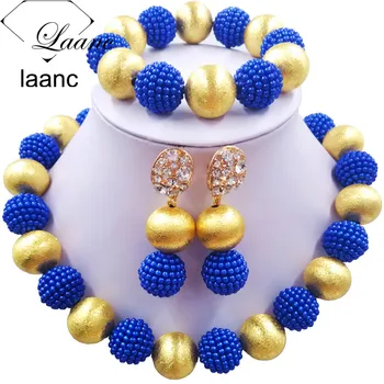 

Laanc Latest Royal Blue Simulated Pearl and Gold Ball Accessories Nigerian Wedding African Beads Jewelry Set AL667