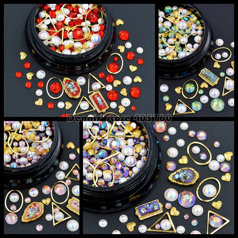 

1 Pot Mix Shapes Flatback Diamond Pearls Gold Triangle Oval Metal Frame Heart Nail Art Rhinestones Decorations Manicure DIY Tip