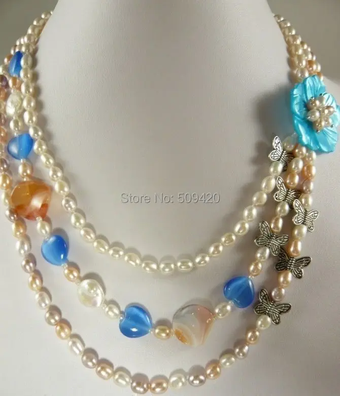 

W&O655 >>>> 3Strands White Rice Akoya Culutred Pearl&Agate&Opal Necklace